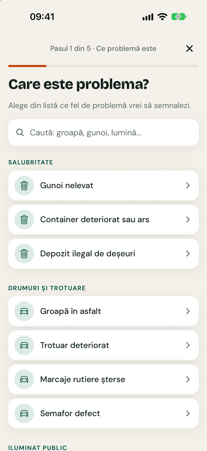 Pasul 1 al sesizării: căutarea „grop” găsește categoria „Groapă în asfalt”.