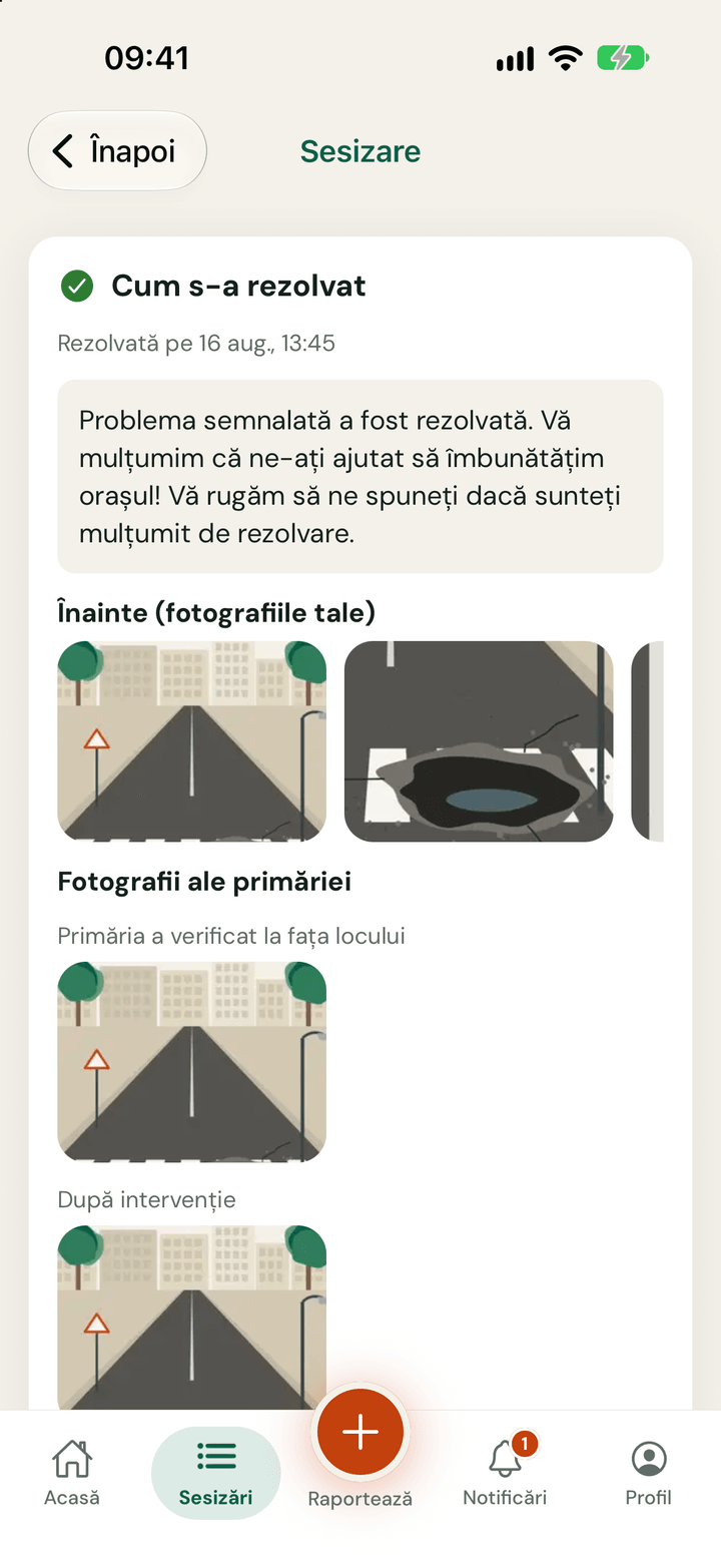 Detaliul unei sesizări rezolvate: cronologia statusurilor, fotografiile de înainte și de după și întrebarea „Ești mulțumit?”.