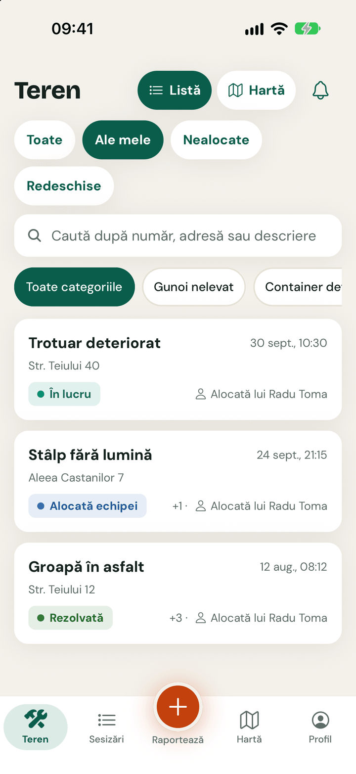 Modul Teren pentru angajați: lista sesizărilor alocate, cu filtre „Ale mele”, „Nealocate” și „Redeschise”, căutare și statusul fiecăreia.