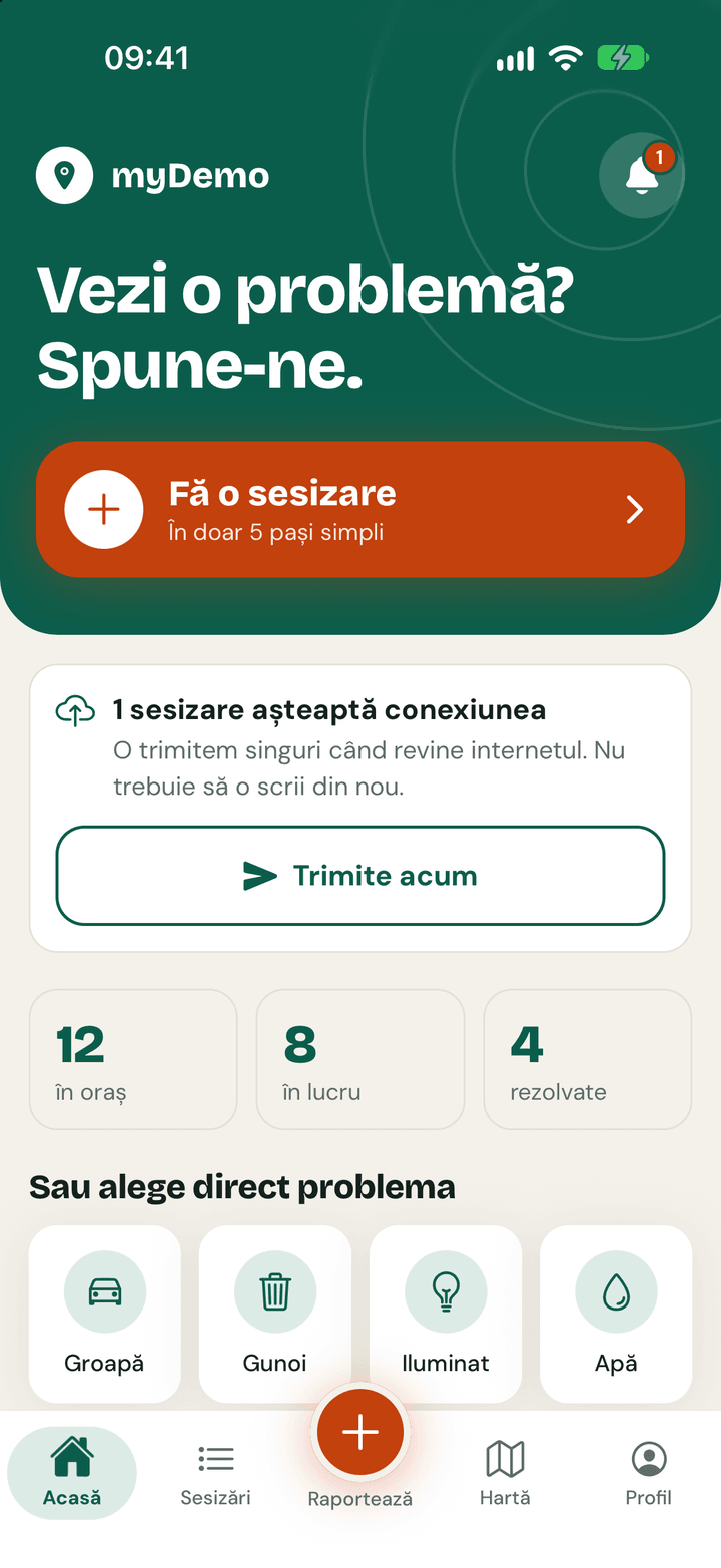 Ecranul Acasă fără internet: cardul „1 sesizare așteaptă conexiunea” cu butonul „Trimite acum”.